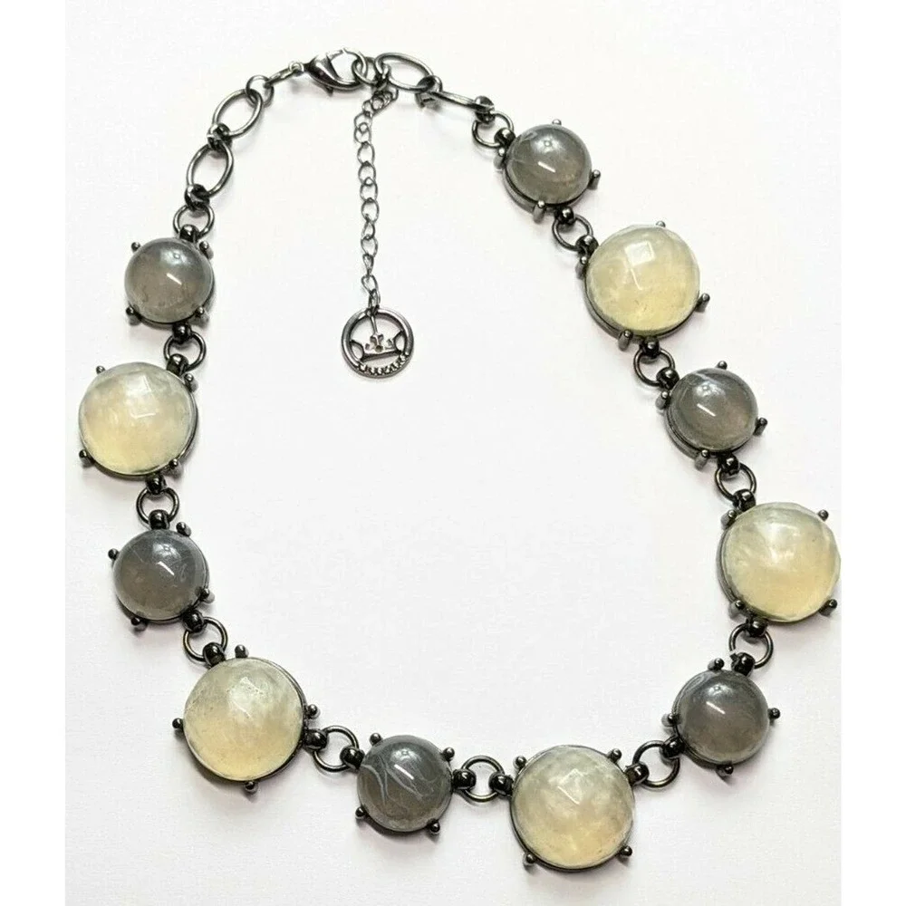Trifari Gunmetal Gray Cabachon Faux Stone Statement Necklace - Picture 2 of 8